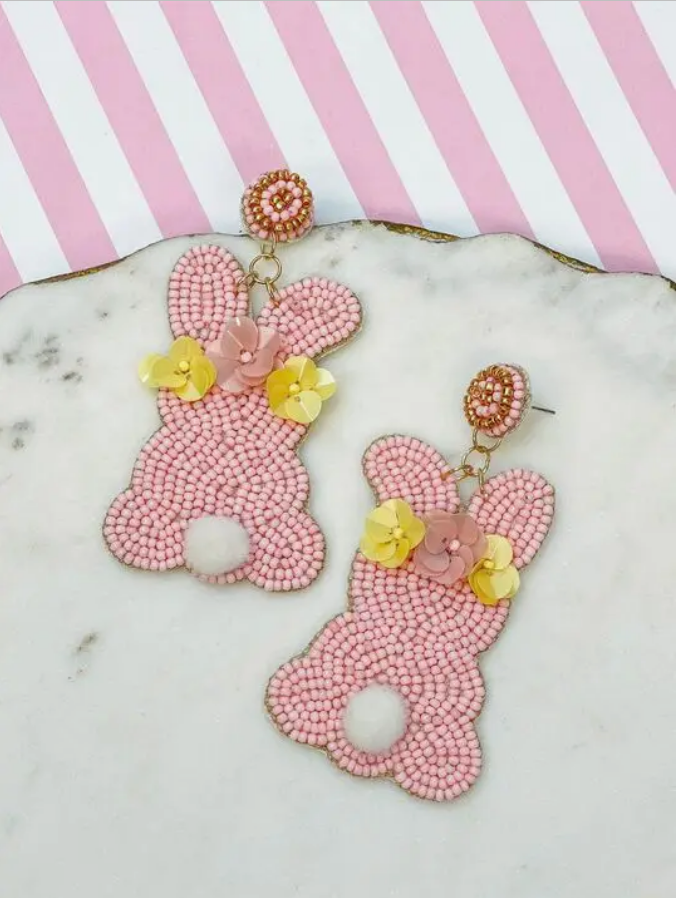 Beaded Pom Pom Bunny Dangle Earrings - Pink