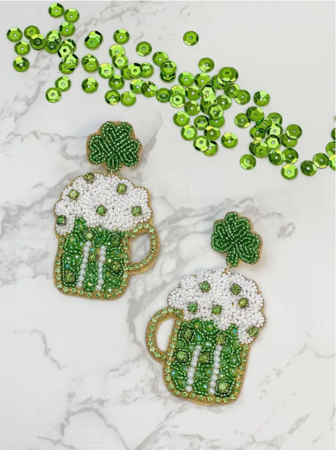 Clover Green Beer Mug Beaded Dangle Earrings