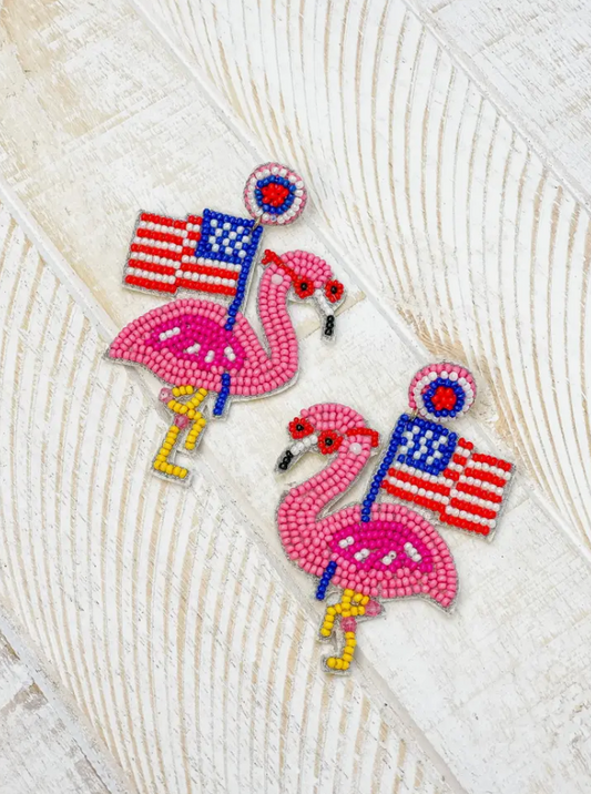 Patriotic Beaded Dangle Earrings Flamingos